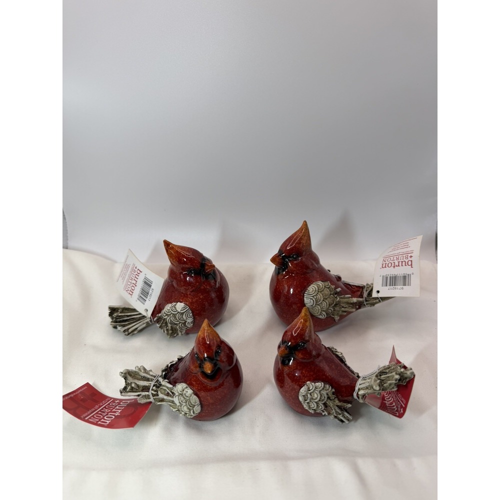4 Hand Painted Shiny Red Cardinals Burton & Burton